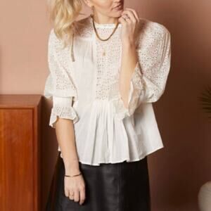 ByTimo Eyelet Cotton Embroidered Pleated Blouse Medium